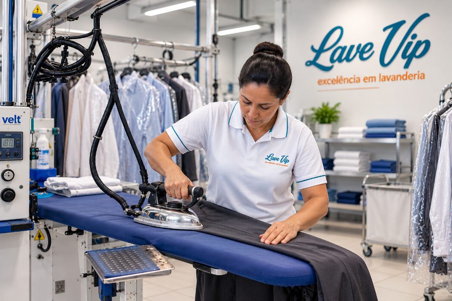 Profissional da Lave VIP passando uma peça na passadoria