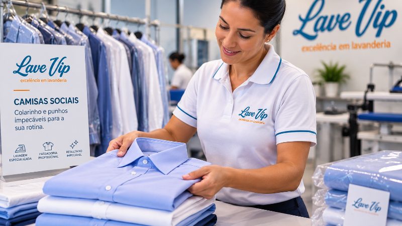 Atendente da Lave VIP entregando camisas sociais dobradas no balcão