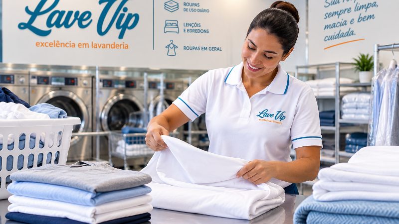 Atendente da Lave VIP dobrando roupas lavadas na lavanderia